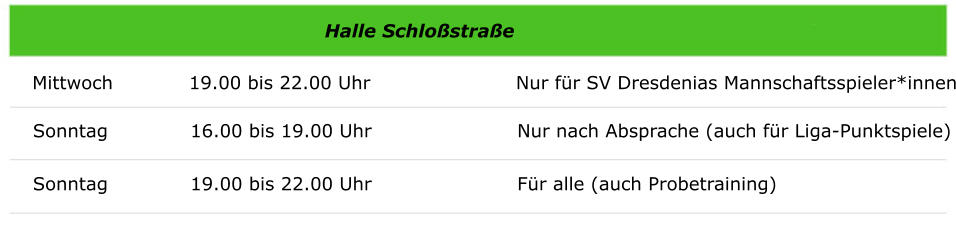 Halle Schlostrae Mittwoch            19.00 bis 22.00 Uhr                       Nur fr SV Dresdenias Mannschaftsspieler*innen  Sonntag             16.00 bis 19.00 Uhr                       Nur nach Absprache (auch fr Liga-Punktspiele)  Sonntag             19.00 bis 22.00 Uhr                       Fr alle (auch Probetraining)